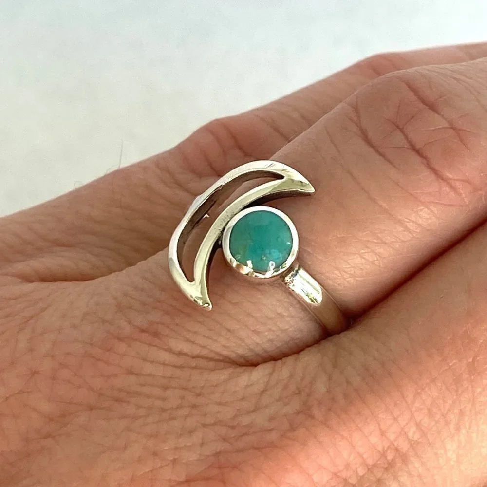 Sterling Silver 925 Thai Crescent Moon Round Turquoise Celestial Ring Size 6 NEW